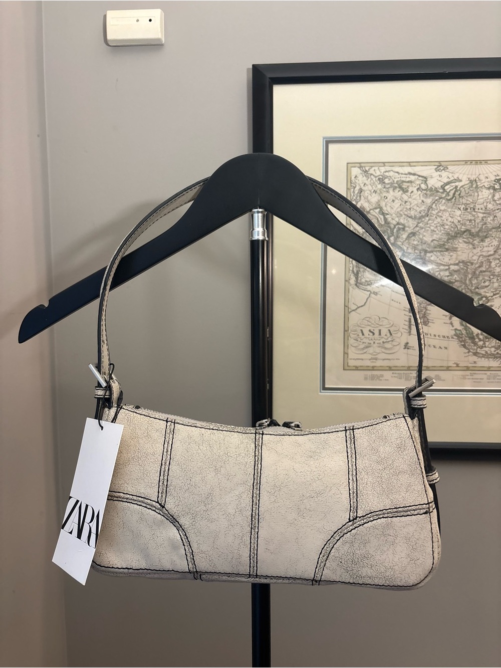 Zara Cream Mini Shoulder Bag with Black Contrast Stitching
